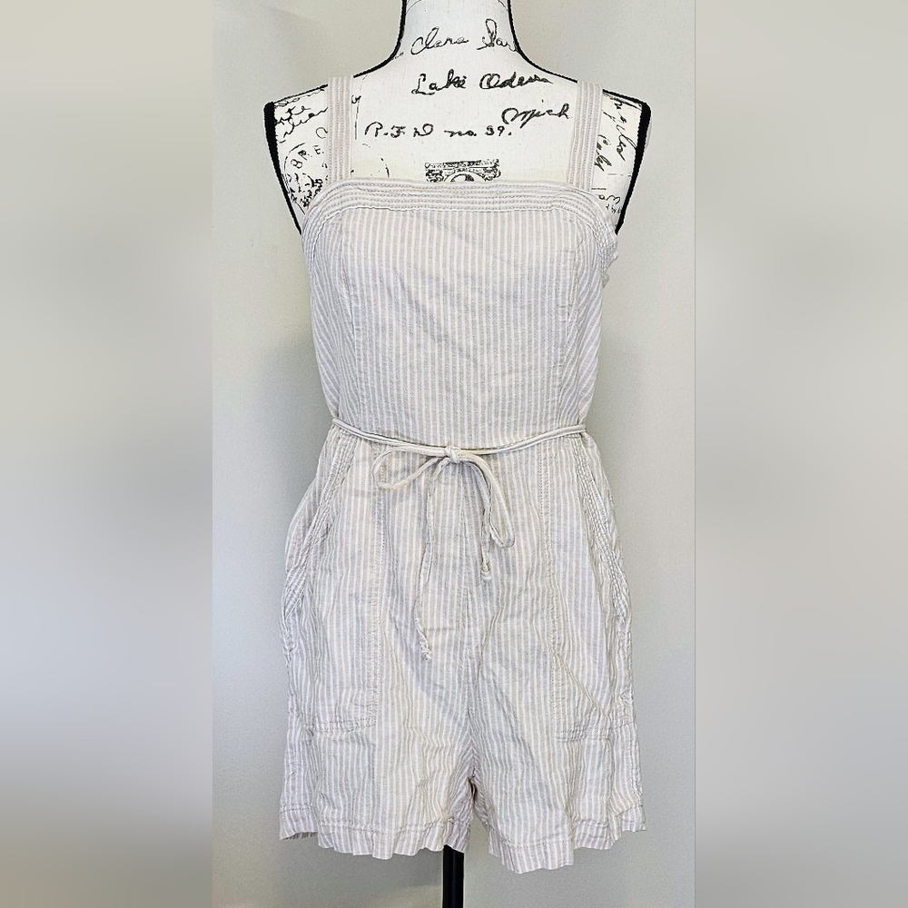 Old Navy Sleeveless Waist-Defined Striped Linen-Blend Utility Romper - Size M